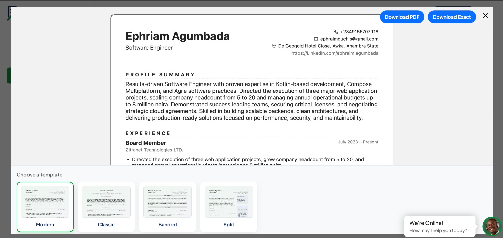AI assisted CV builder screen