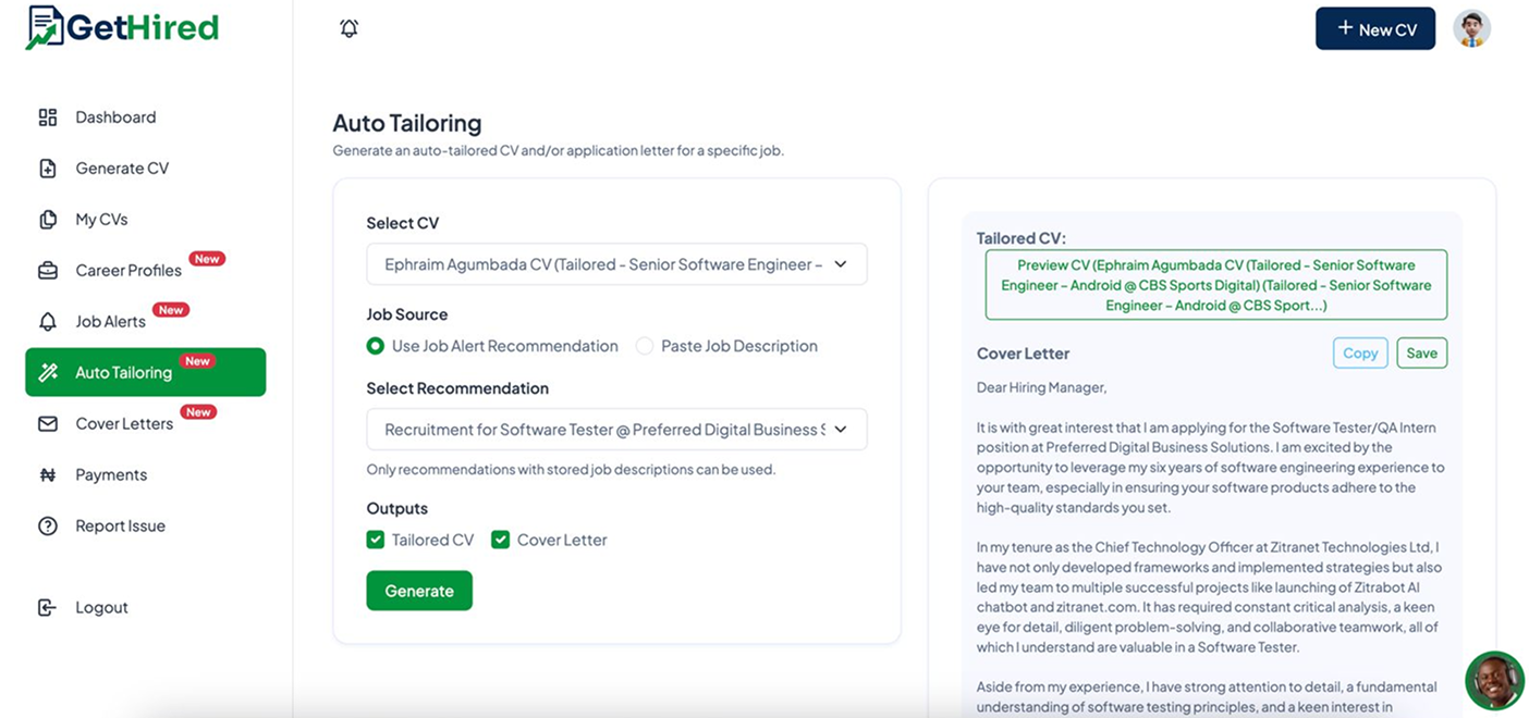 Cover letters and auto-tailoring screen